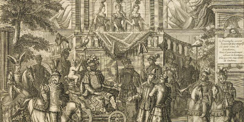 Molière sur scène, illustrant une comédie classique de littérature française du 17e siècle, avec des acteurs en costumes d'époque.